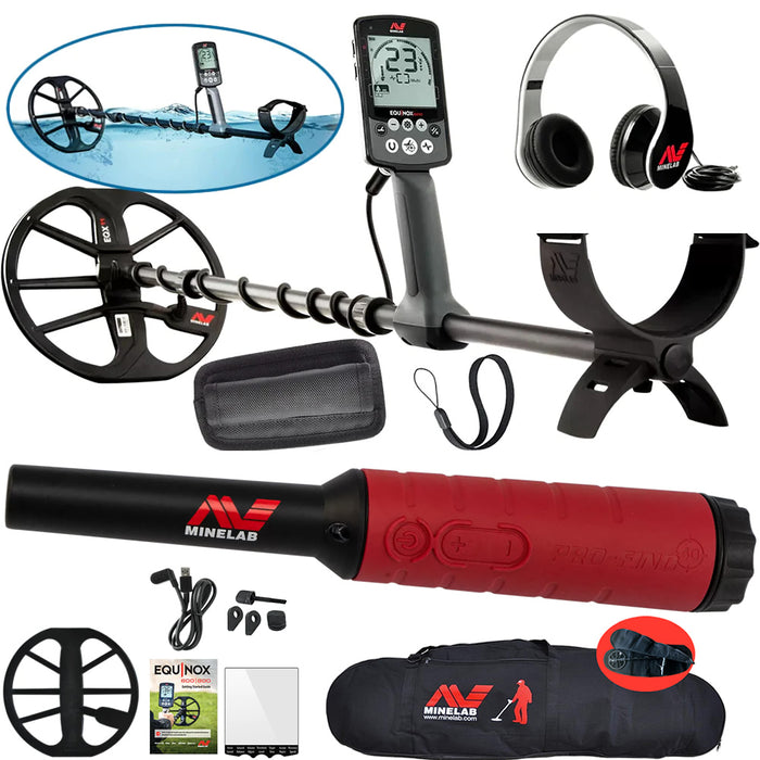 Minelab Equinox 600 Metal Detector with Headphones, 11" DD Smartcoil with Cover, Carry/Travel Bag, and Pro-Find 40 Waterproof Pinpointer