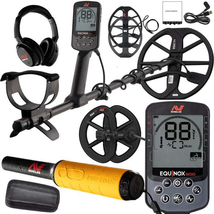 Minelab Equinox 900 Waterproof Multi-Frequency Metal Detector with 11" and 6" DD Coils and Pro-Find 35 Pinpointer
