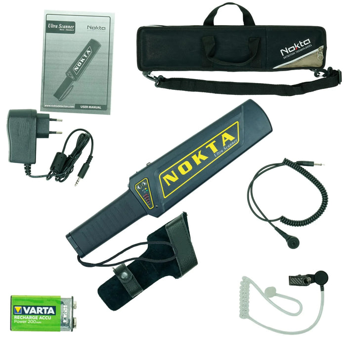 Nokta Ultra Scanner Pro Package with Carry Bag, Earphone, Charger, Belt Holster and 9 Volt Rechargable Battery