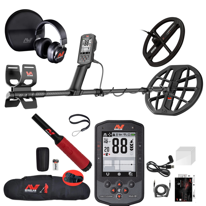 2 Coil PKG Minelab Manticore Multi-Frequency High Power Waterproof Metal Detector with M9 Searchcoil, Pro-Find 40, Padded Bag and Finds Pouch