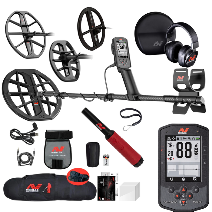 4 Coil PKG Minelab Manticore Multi-Frequency High Power Waterproof Metal Detector with M8, M9 & M15 Searchcoil, Pro-Find 40, Padded Bag and Finds Pouch