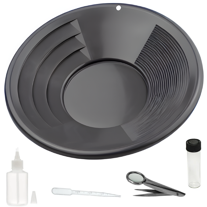 5 Piece Gold Pan Kit with 14" Gold Pan, Tweezer, Snifter Bottle, Dropper and Glass Vial (Black)