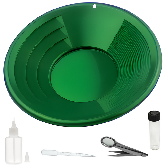 5 Piece Gold Pan Kit with 14" Gold Pan, Tweezer, Snifter Bottle, Dropper and Glass Vial (Green)