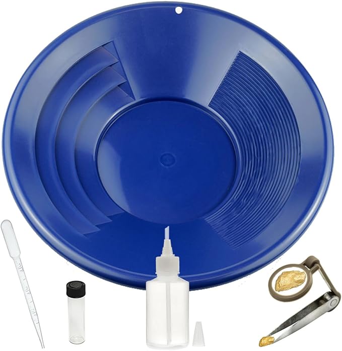 5 Piece Gold Pan Kit with 12" Gold Pan, Tweezer, Snifter Bottle, Dropper and Glass Vial (Blue)
