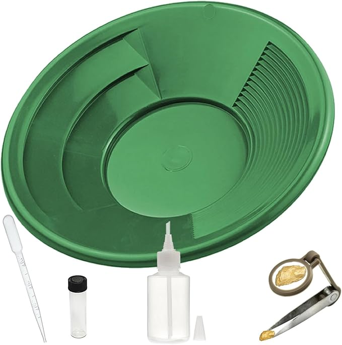 5 Piece Gold Pan Kit with 12" Gold Pan, Tweezer, Snifter Bottle, Dropper and Glass Vial (Green)