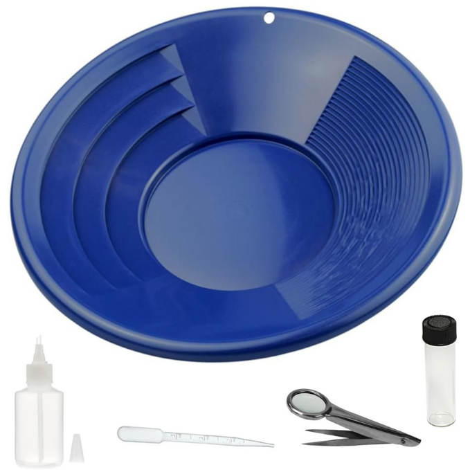 5 Piece Gold Pan Kit with 14" Gold Pan, Tweezer, Snifter Bottle, Dropper and Glass Vial (Blue)