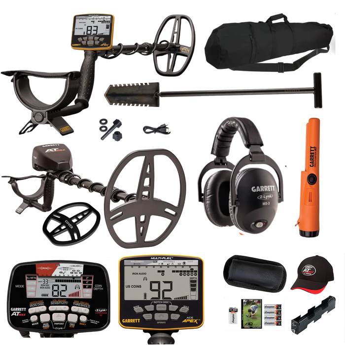 Father's Day Bundle — Garrett ACE Apex + Garrett AT Max Metal Detectors + Garrett Pinpointer + Garrett Razor Relic Shovel and Accessories