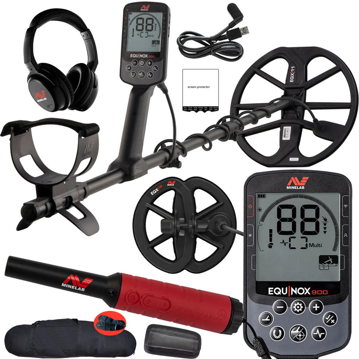 Minelab Equinox 900 Waterproof Multi-Frequency Metal Detector with 11" and 6" DD Coils and Pro-Find 40 Pinpointer and Padded Carry Bag