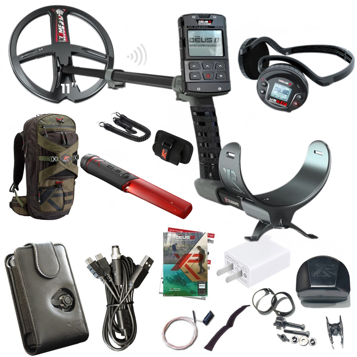 XP Deus II NEW Stereo (Full) FMF Metal Detector  with 11" Coil, Remote Control + WS6 ST Headphones  + MI-6 Pinpointer + Backpack 280