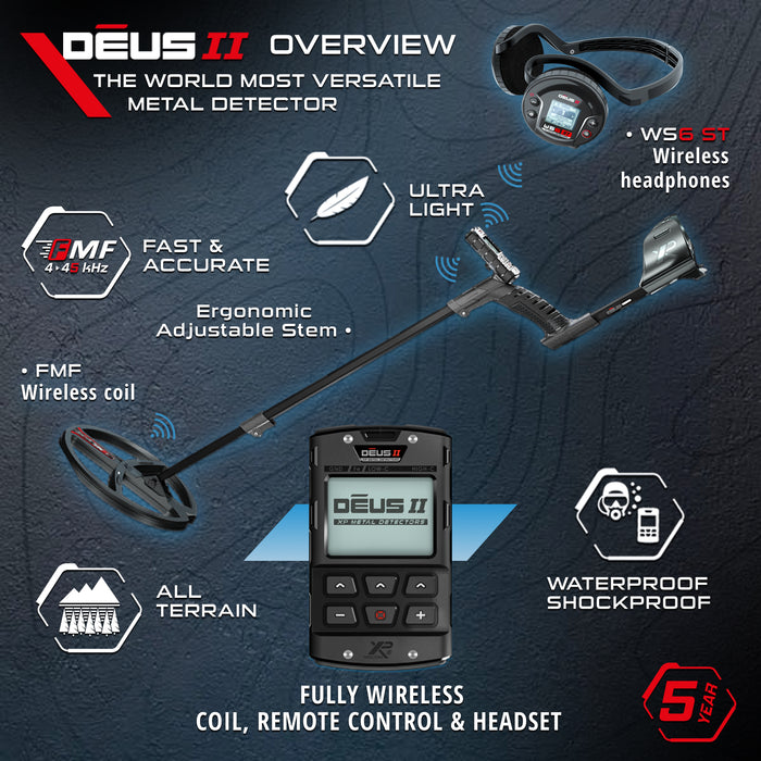 XP DEUS II New Stereo (Full) Metal Detector with 11" FMF Coil, Remote Control & WS6-ST Stereo Headphones
