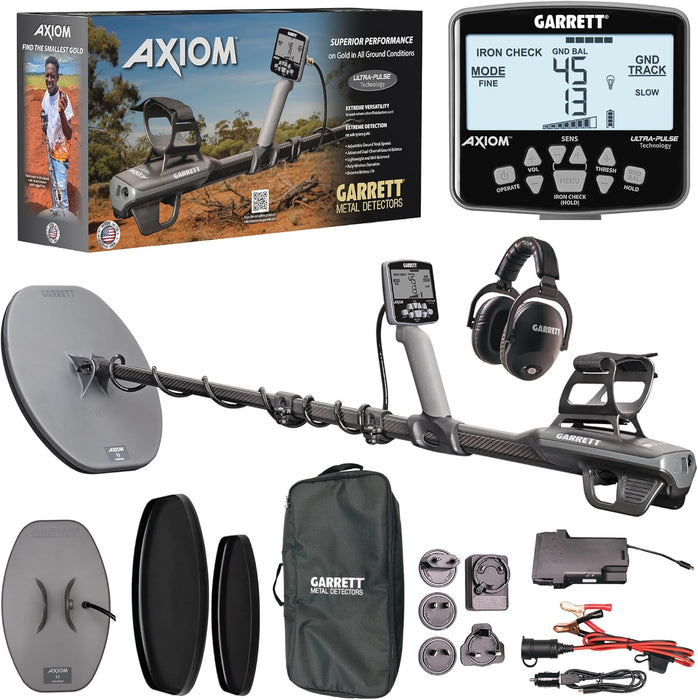 Garrett Axiom Pro Gold Pulse Induction Metal Detector With 11" Mono Coil, 13"x11" DD Coil, Wireless Headphones, Battery Booster, and Travel Pack