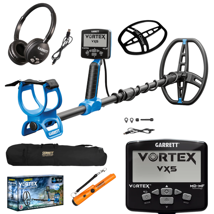 Garrett Vortex VX5 Multi-Frequency Waterproof Metal Detector With AT Z-LYNK POINTER, CS-3 Z-Lynk Wireless Headphones and 50" Travel Bag