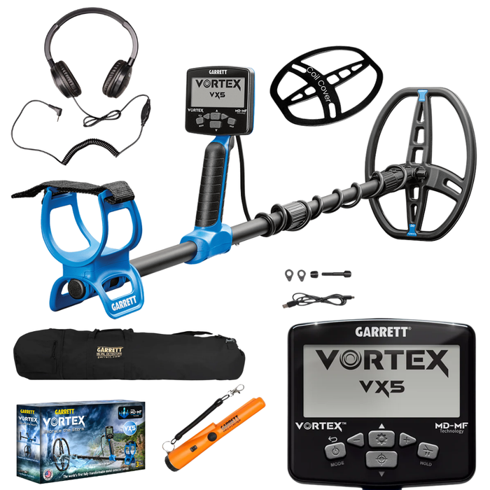 Garrett Vortex VX5 Multi-Frequency Waterproof Metal Detector With AT Z-LYNK POINTER, ClearSound Easy Stow Wired Headphone and 50" Travel Bag