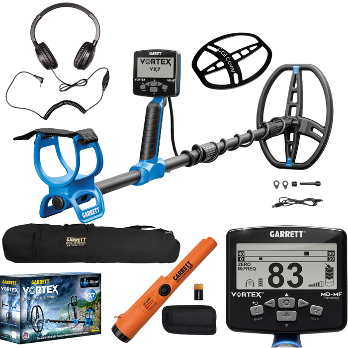 Garrett Vortex VX7 Multi-Frequency Waterproof Metal Detector With ClearSound Easy Stow Wired Headphone,AT Z-LYNK POINTER and 50" Travel Bag