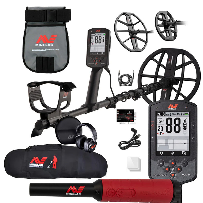 3 Coil PKG Minelab Manticore Multi-Frequency High Power Waterproof Metal Detector with M8 & M15 Searchcoil, Pro-Find 40, Padded Bag and Finds Pouch