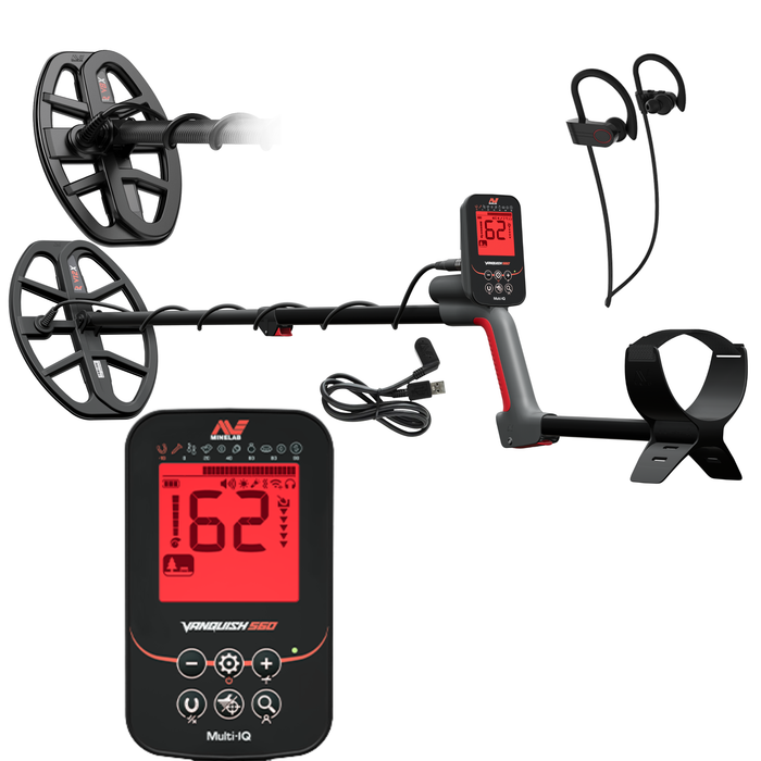 Minelab Vanquish 560 Pro Pack Multi-IQ™ Waterproof Metal Detector With 2 Coils, ML60 Wireless Earbuds and Pro Find 40 Pinpointer