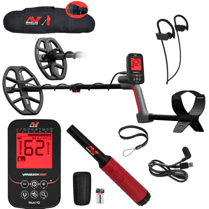 Minelab Vanquish 560 Pro Pack Multi Frequency Waterproof Metal Detector With 2 Coils, ML60 Wireless Earbuds, Pro Find 40 Pinpointer & Travel/Carry Bag