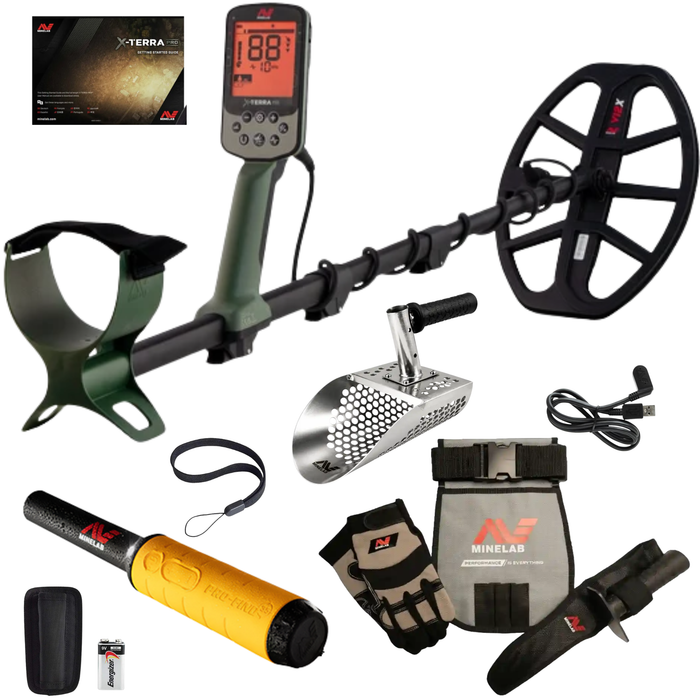 Minelab X-Terra Pro Waterproof Metal Detector Beach Bundle with Pro-Find 35 Waterproof Pinpointer, Adventure Pack, Sand Scoop - Race To The Realm Exclusive