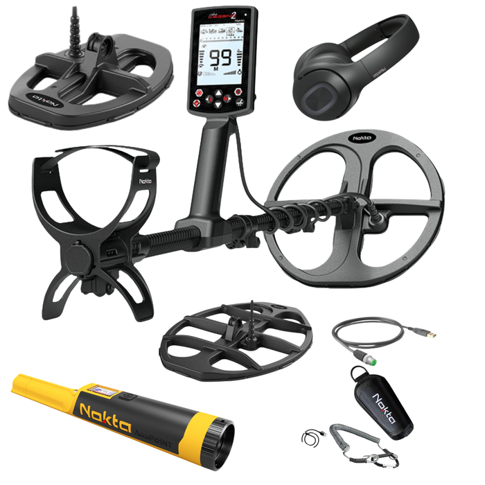 3 Coil Pkg Nokta Legend 2 Multi Frequency Waterproof Metal Detector With LD21, LD28, LD38 Searchcoils, Wireless Headphones, and Accupoint Pinpointer