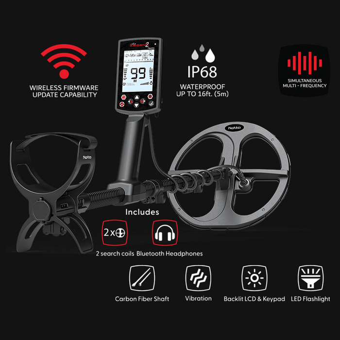 3 Coil Pkg Nokta Legend 2 Simutaneous Multi Frequency Metal Detector With LD21, LD28, LD38 Searchcoils, and Wireless Headphones