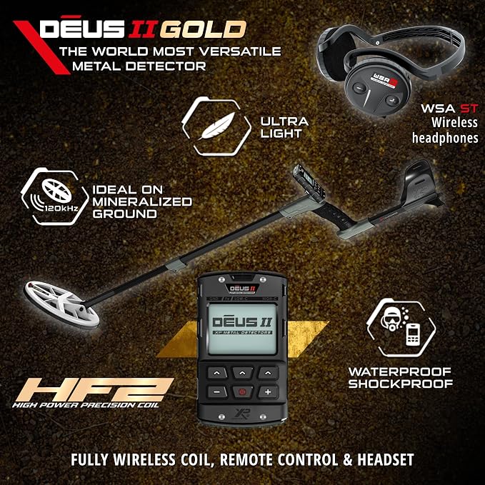 XP DEUS II Gold Metal Detector with 9.5" x 5" HF2 Coil, Remote Control & WSA ST Stereo Headphone