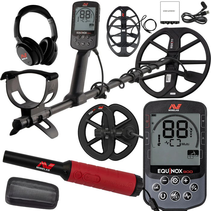 Minelab Equinox 900 Waterproof Multi-Frequency Metal Detector with 11" and 6" DD Coils and Pro-Find 40 Pinpointer