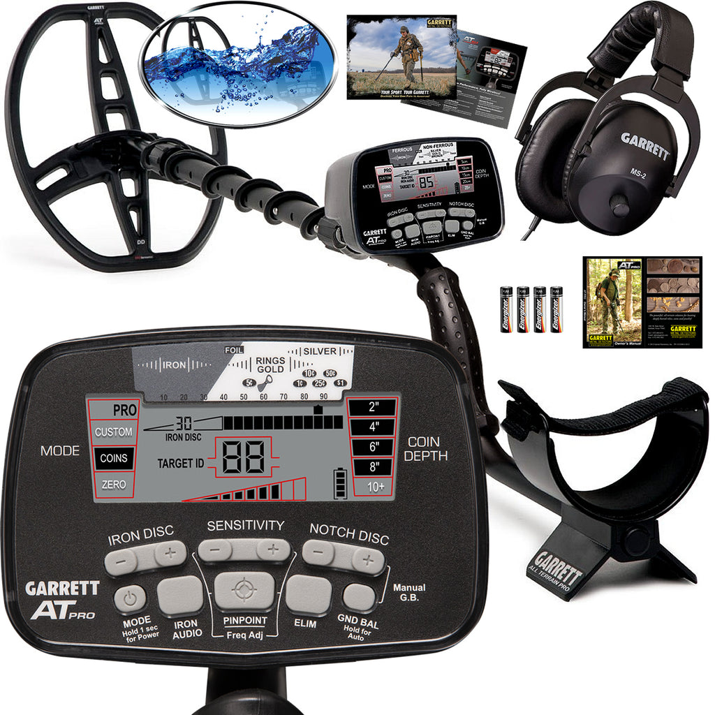 Garrett AT Pro Waterproof Metal Detector With MS-2 Headphones - 15 KHz, 8.5x11" DD Coil