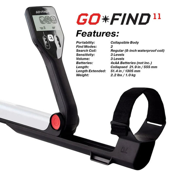 Minelab GO-FIND 11 Ultra-Light Collapsible Beginner's Metal Detector for Adults & Kids with 8" Waterproof Coil