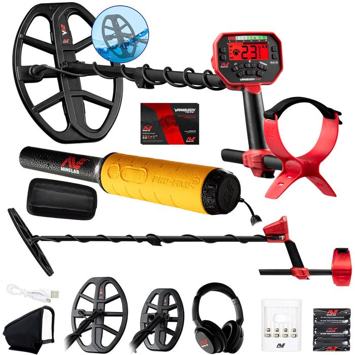 Minelab Vanquish 540 Pro-Pack with Pro-Find 35 Pinpointer, Wireless Headphones, 12" & 8" Coils with Covers, Rechargeable Batteries