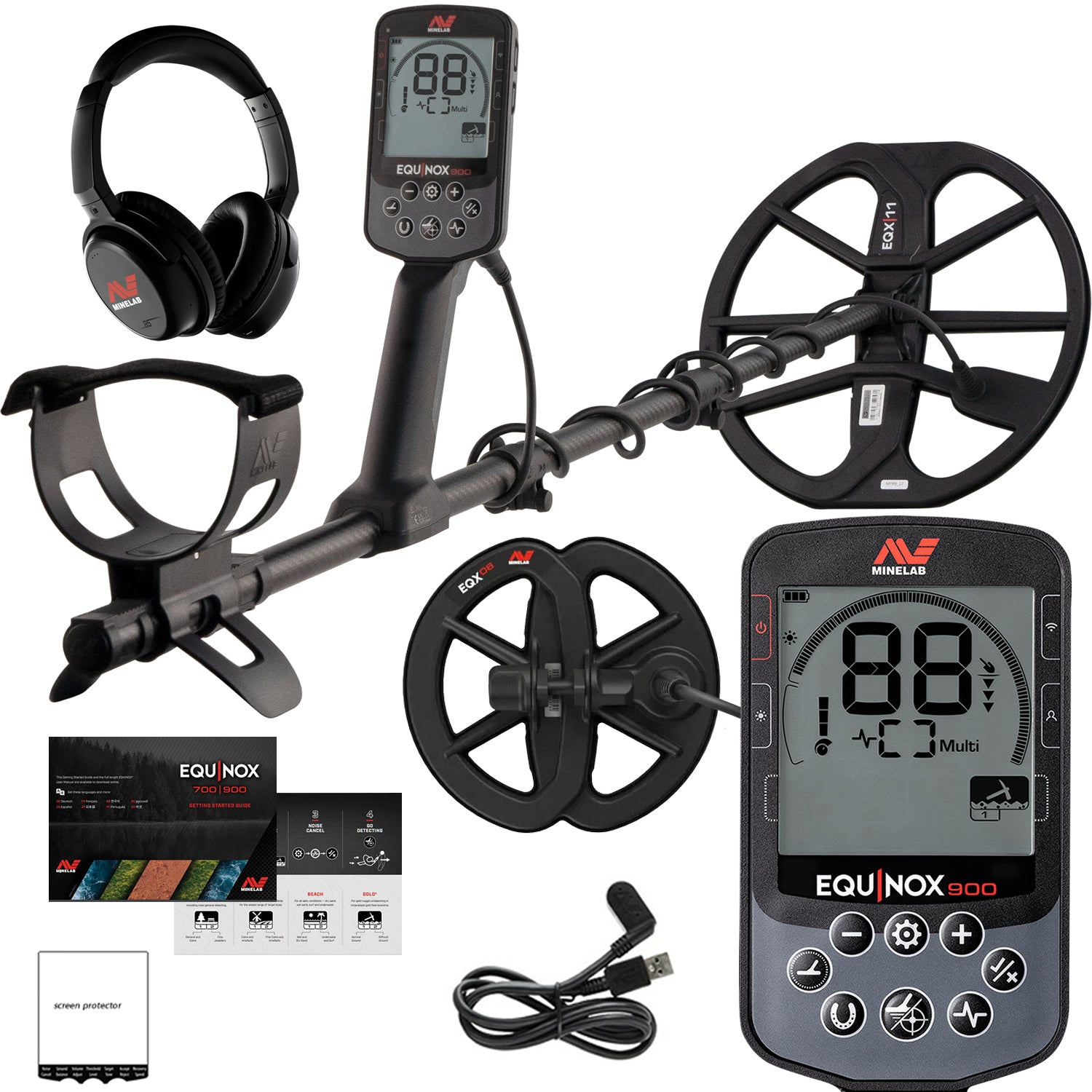 Minelab Equinox 900 waterproof multi-frequency metal detector with 11 inch and 6 inch DD coils