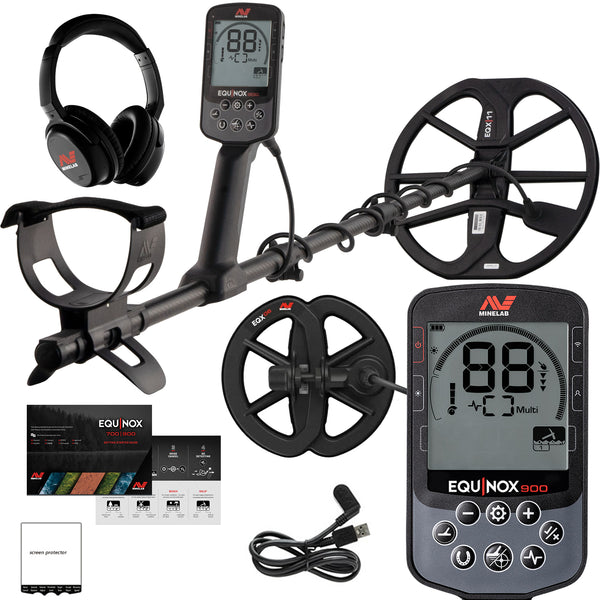 Minelab Equinox 900 waterproof multi-frequency metal detector with 11-inch and 6-inch DD coils