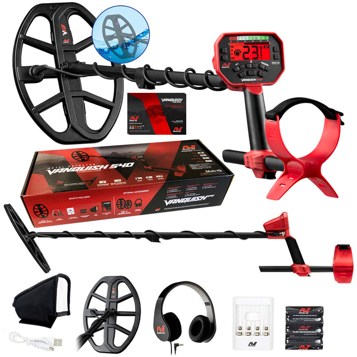 Minelab Vanquish 540 Metal Detector with Headphones, 12" Coil with Cover, Rechargeable Batteries